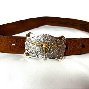 Tony Lama Western Tooled Leather Belt Longhorn Buckle Made in USA Size 26